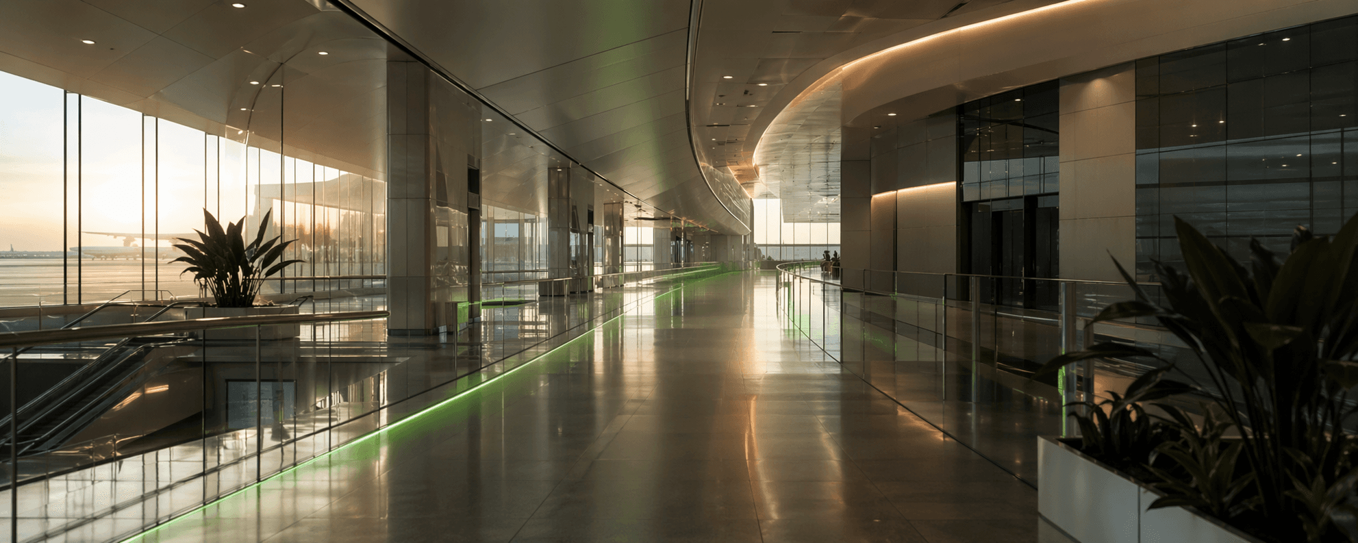 A calm premium airport corridor with warm daylight, glass walls, and a green route line running through the space.