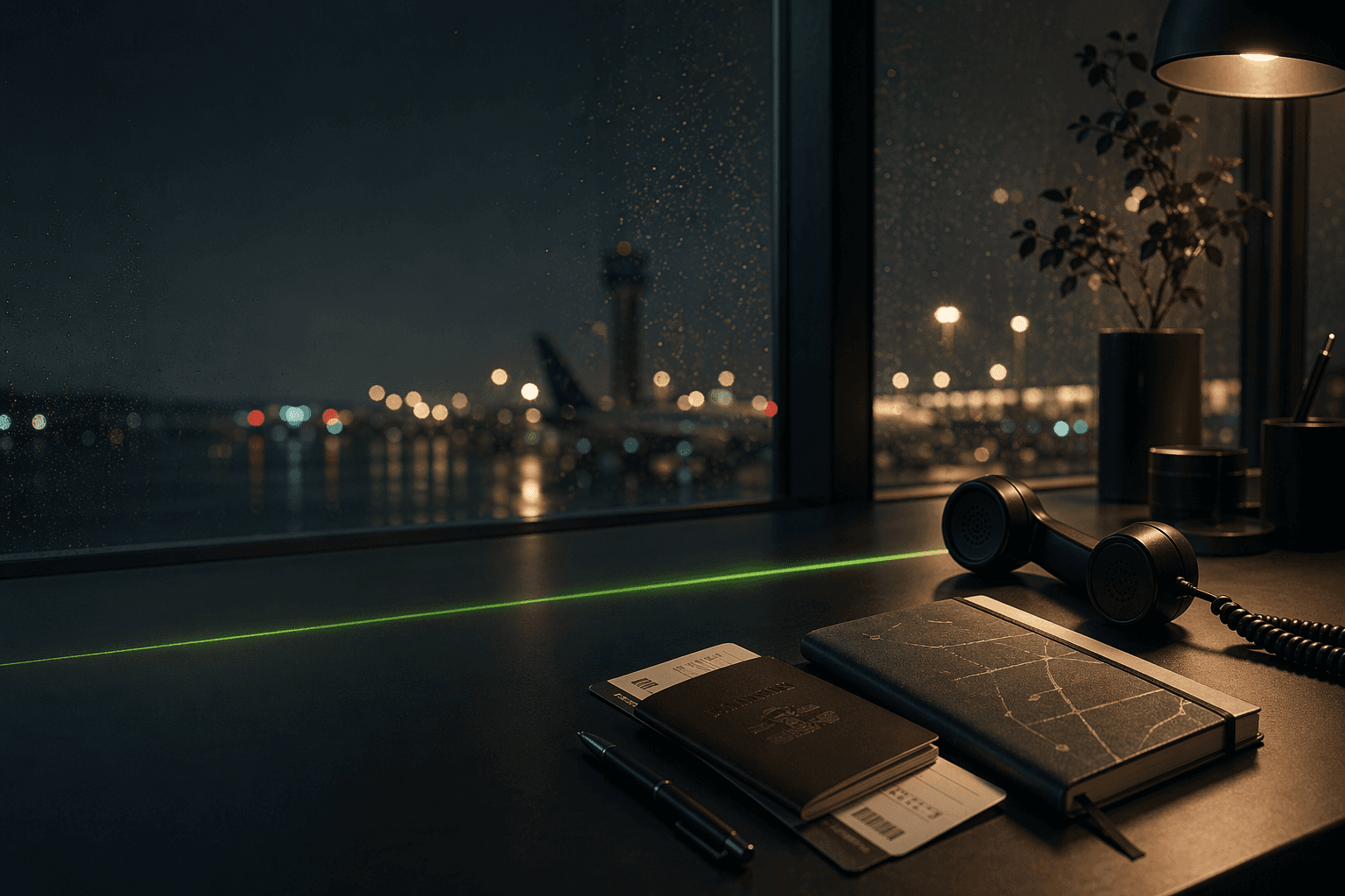 A passport, boarding pass, notebook, and call handset on a quiet airport desk overlooking a rain-lit runway at night.